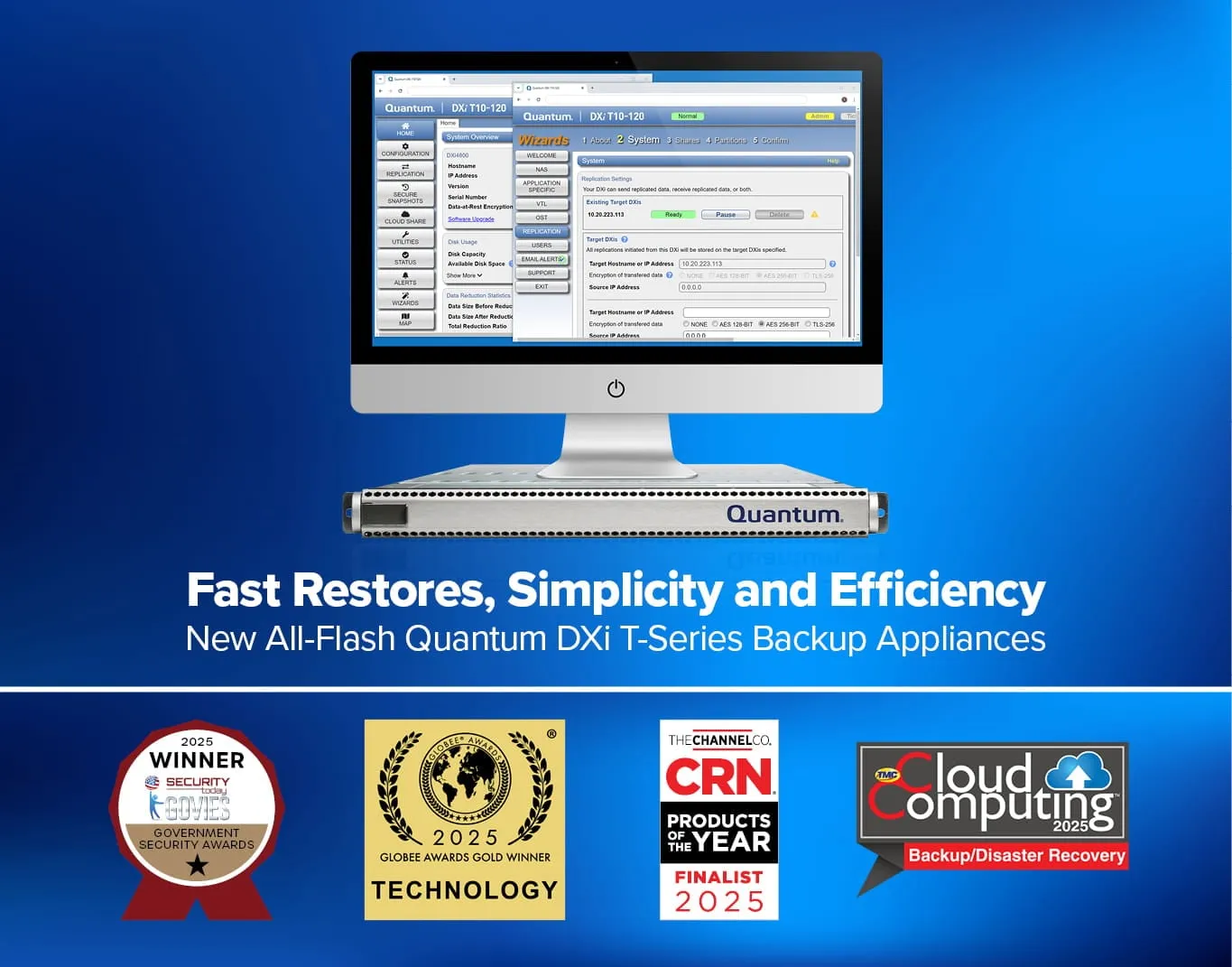 Quantum DXi T-Series backup appliance management console displayed above the physical appliance